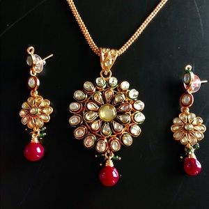 Multi color daisy flower pendant kundan necklace and earring Indian necklace